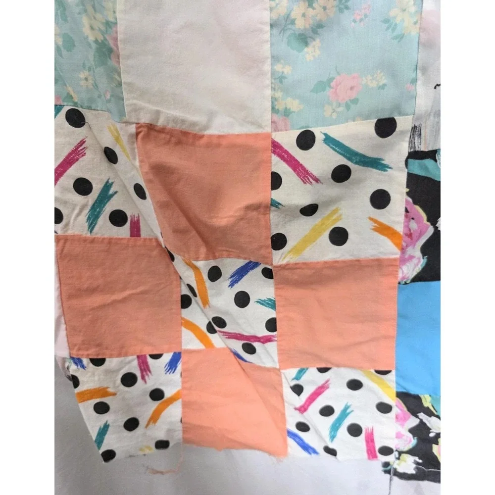 Vintage Patchwork Quilt Top 60x74 Colorful 80s Fabrics Floral Geometric